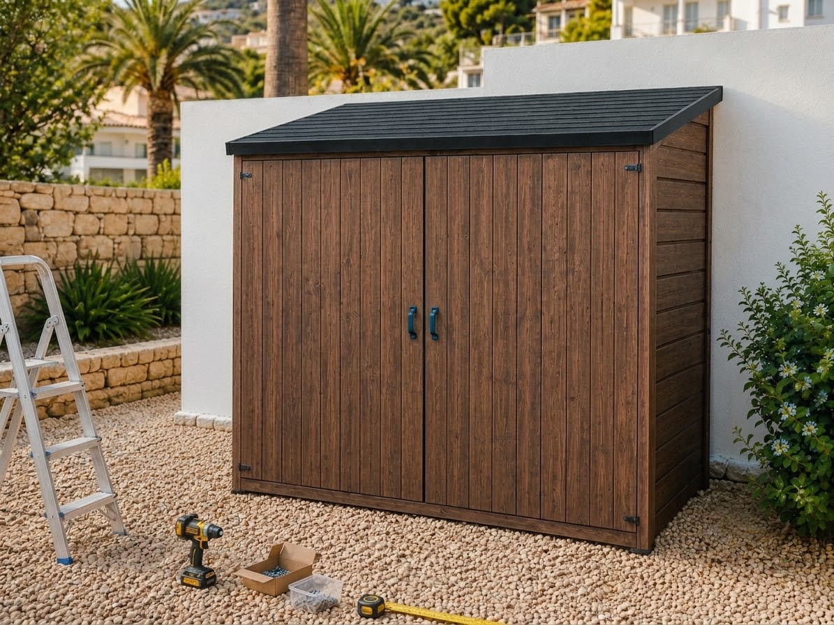 Wooden garden storage shed with open doors and shelving, assembled in Algarve courtyard