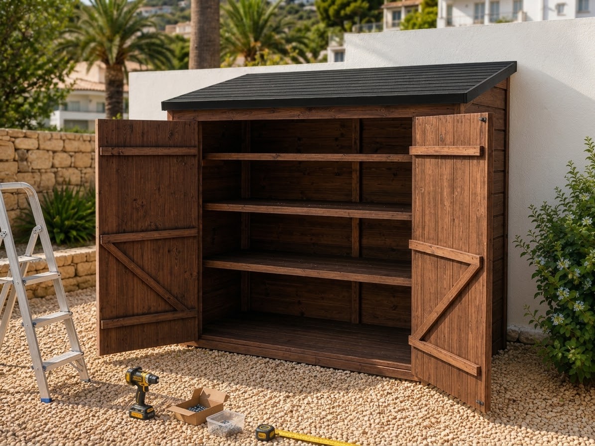 Wooden garden storage cabinet with closed doors, black tiled roof, Algarve