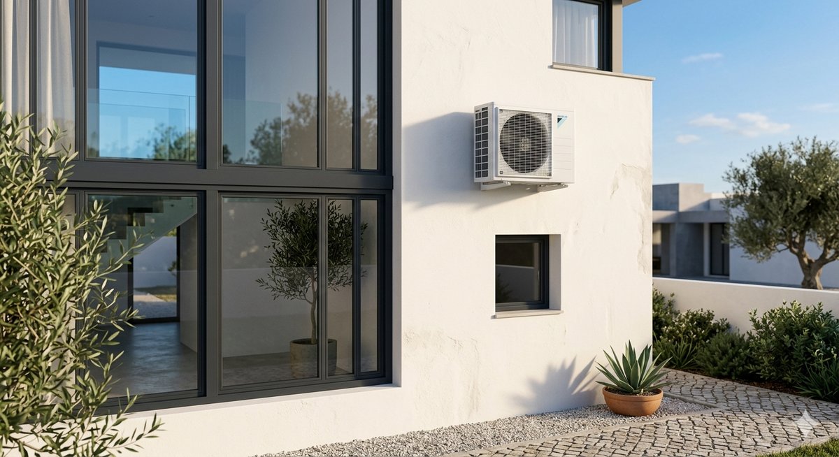 Daikin outdoor AC unit installed on modern villa exterior wall, Algarve