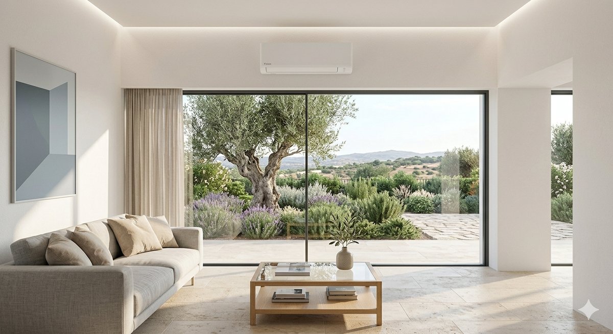 Modern indoor AC unit mounted above window in bright living room, Algarve villa