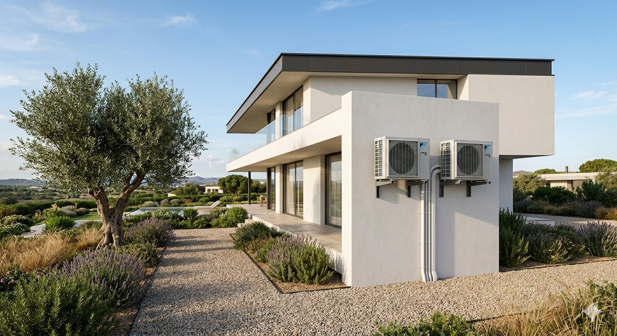 Daikin outdoor AC units installed on modern villa exterior wall, Algarve