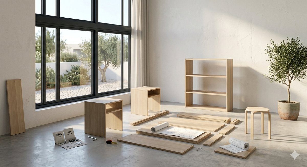 Furniture assembly in progress, modern Algarve apartment