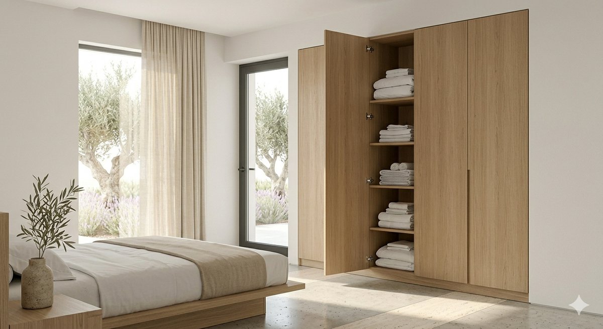 Assembled light wood wardrobe with folded linens, Algarve bedroom