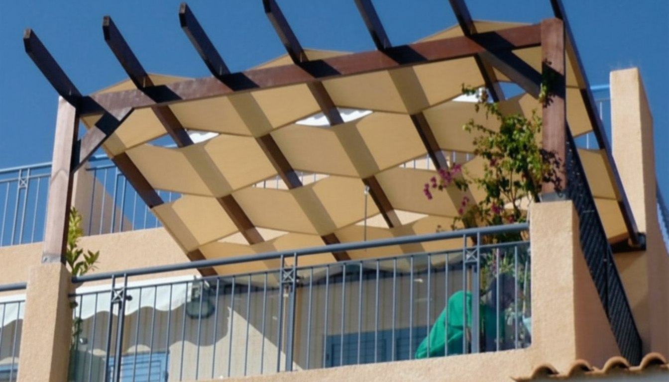 Beige fabric awning stretched across wooden pergola frame on balcony, Algarve