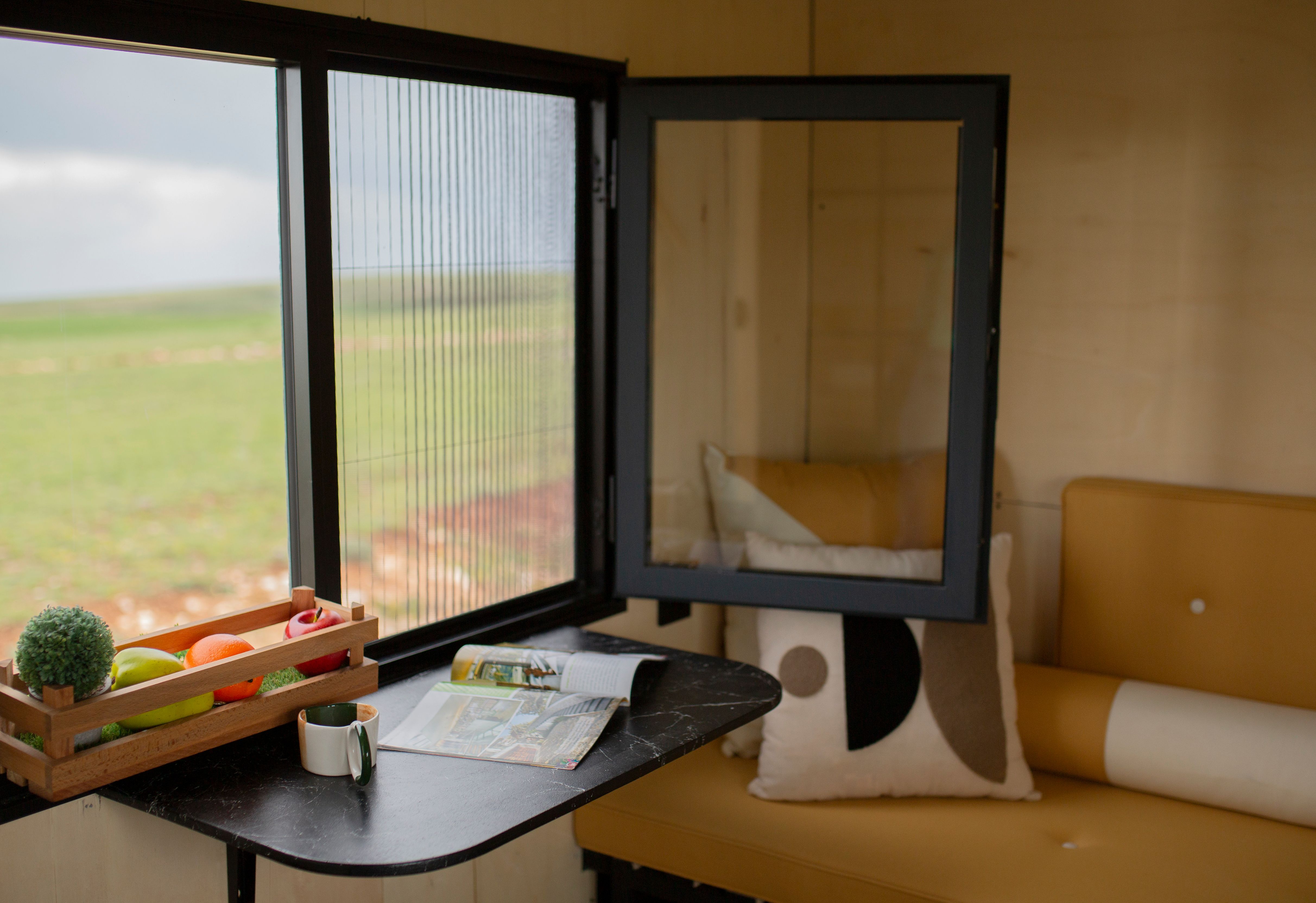 Mosquito screen on large sliding glass doors, interior view