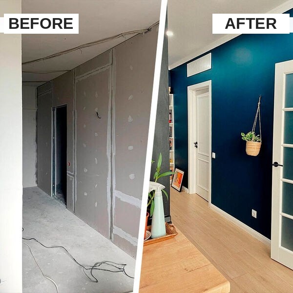 Interior room painting before and after — bare walls transformed into a deep blue feature wall, Algarve