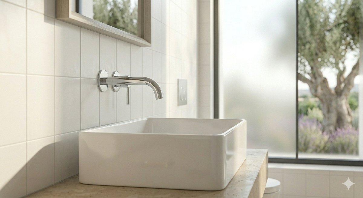 Modern wall-mounted bathroom faucet and sink in Algarve villa