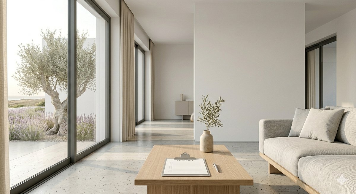 Inspection checklist on coffee table in bright Algarve villa living room