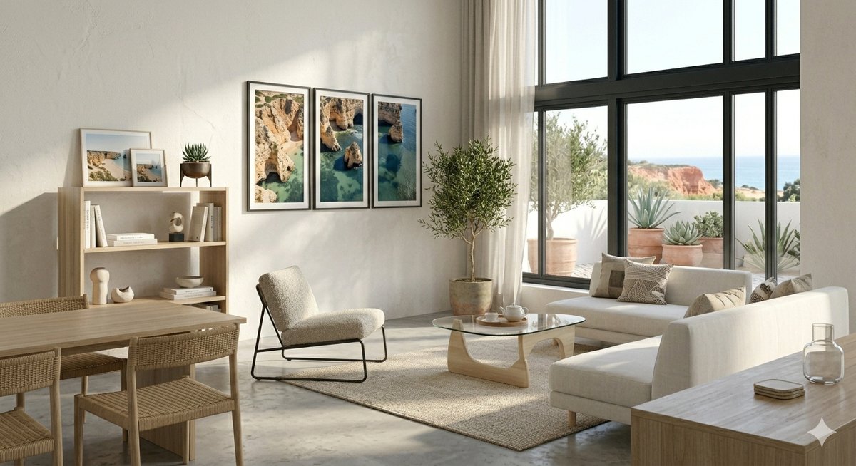 Bright modern living room interior ready for guests, Algarve rental property