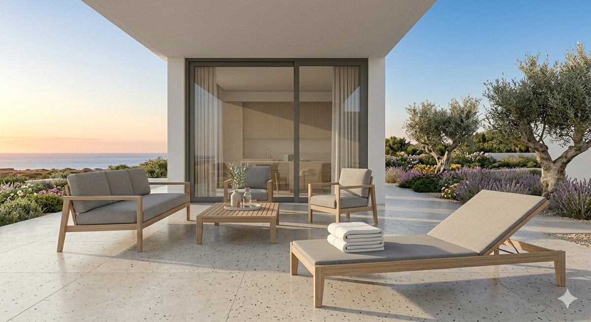 Villa terrace set up for guests with sun lounger, towels and ocean view at sunset, Algarve