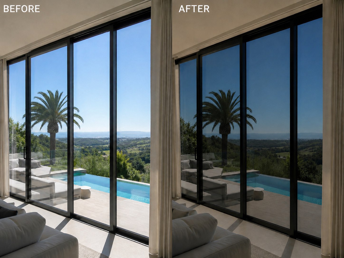 Before and after solar window tinting on floor-to-ceiling glass with pool view, Algarve villa