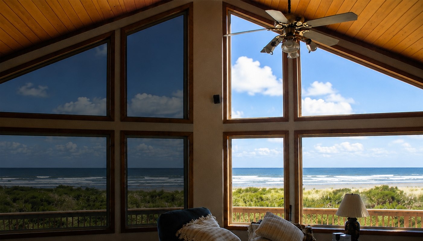 Interior view of home with solar control window film, tinted panels blocking glare, Algarve