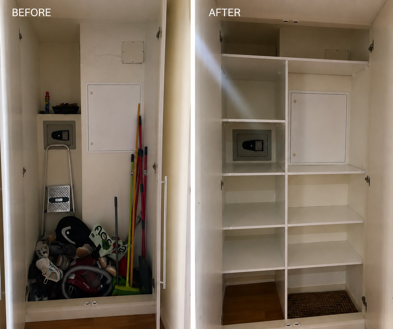 Wardrobe fitted with shelves and safe — before and after, Algarve home
